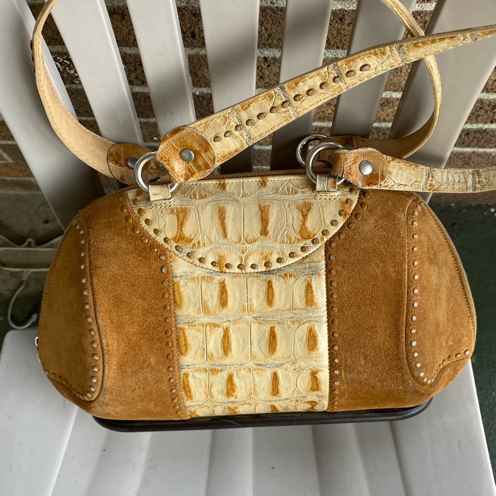ALALUNA Tan and Cream Shoulder Bag with Textured Panel and Gold Accents